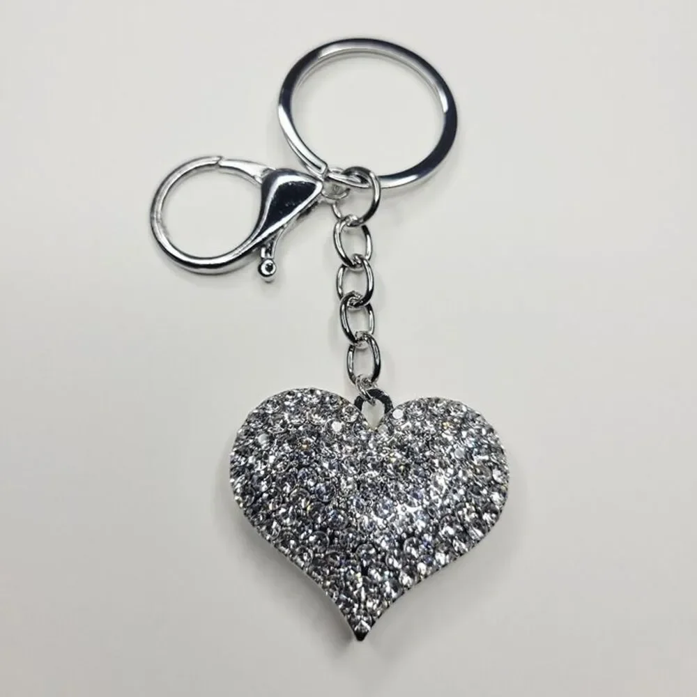 NWT Super Sparkly Silver Metal Puffy Heart Keychain Bag Charm Rhinestones Bling
